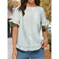 thumbnail image 6 of Women'S Round Neck Half-Sleeve Striped Loose Casual Shirt Ruffled Tops Green Stripes L, 6 of 7