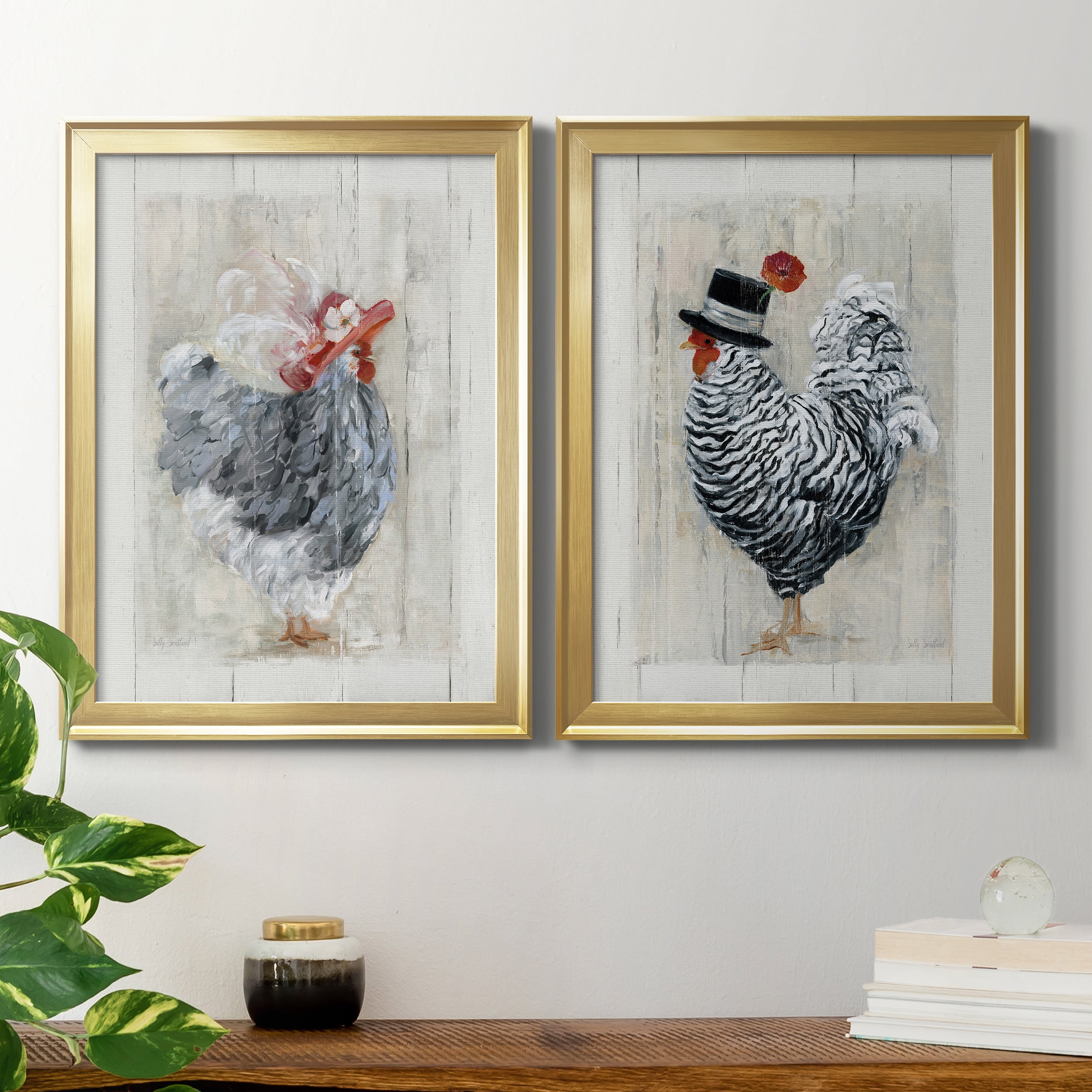 2 Piece Set Sunday Best Hen Premium Framed Canvas - Ready to Hang - 18.5 x 24.5 Each - Gold Frame