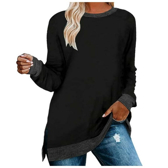 Womens Tops Clothing Long Sleeve Round Neck Split Top Loose Casual Pullover Top Shirt Blouses For Women