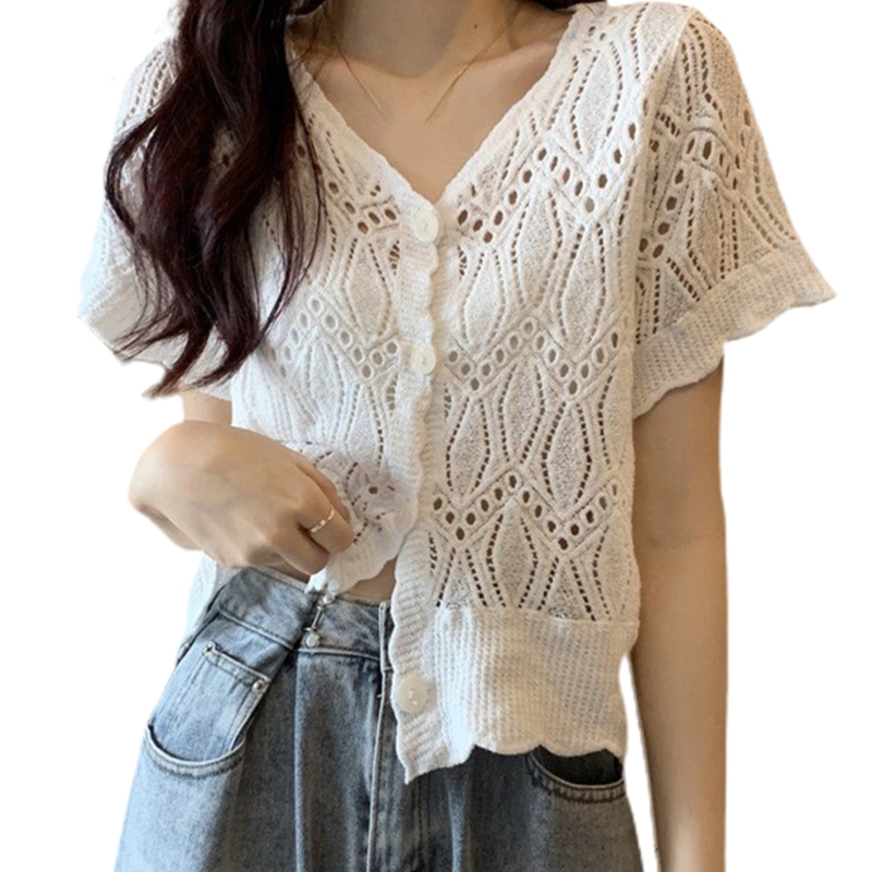 Ookwe Women Crochet Short/Long Sleeve Cardigan Hollow Knitted Floral Buttons V-Neck Sweater Coat Scalloped Loose Crop Jacket, Women's, Size: One size,