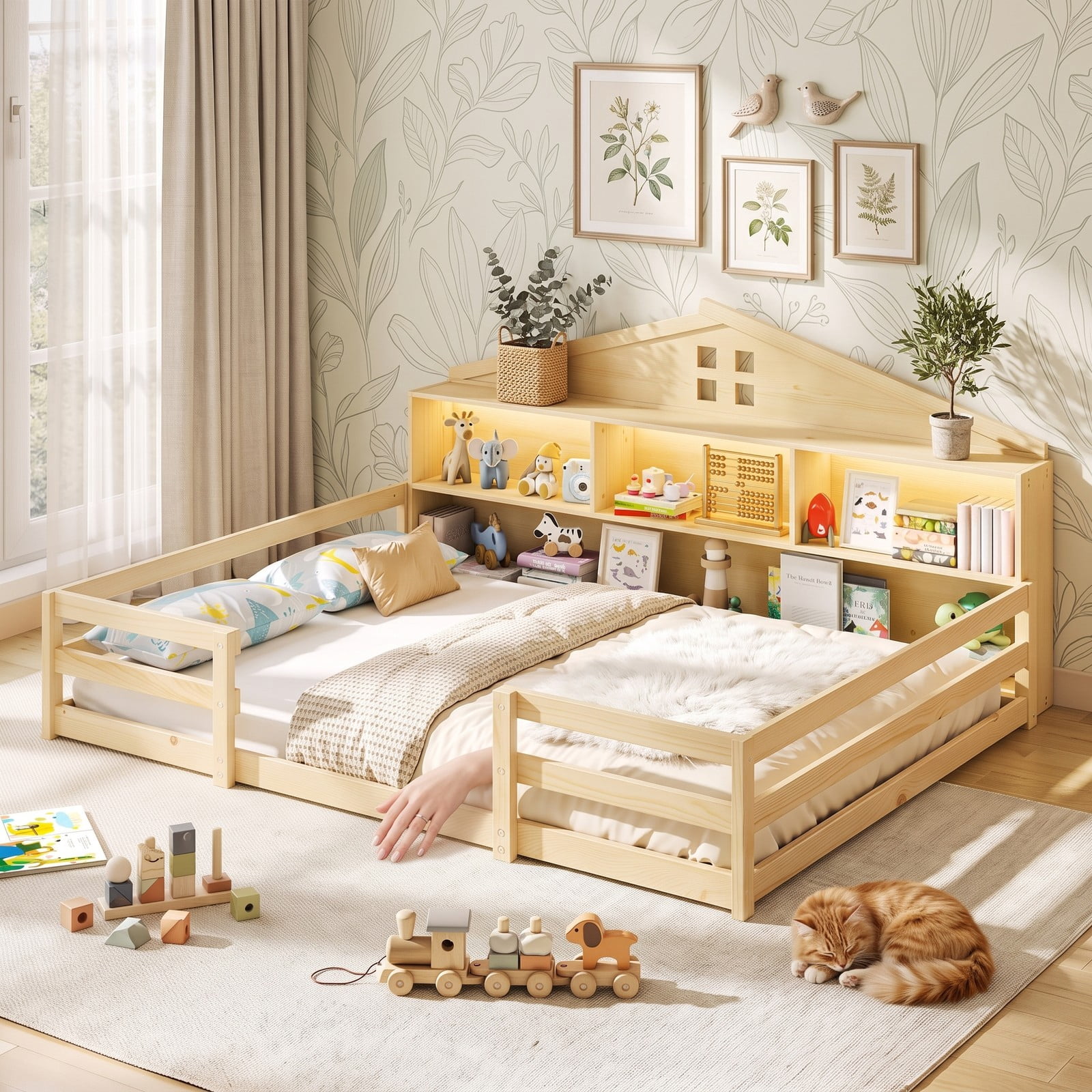Furnibear Full Size Bed Frame, Montessori Floor Bed with House-Shaped Storage Headboard, Guardrails and Built-in LED Lights for Kids Room, Natural