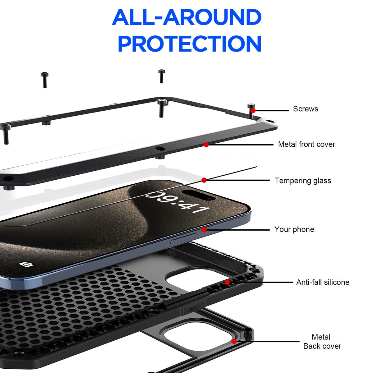 AICase 360 Full Body Protective Back Cover Cell Phone Case for Apple iPhone 15 Pro Max, Black