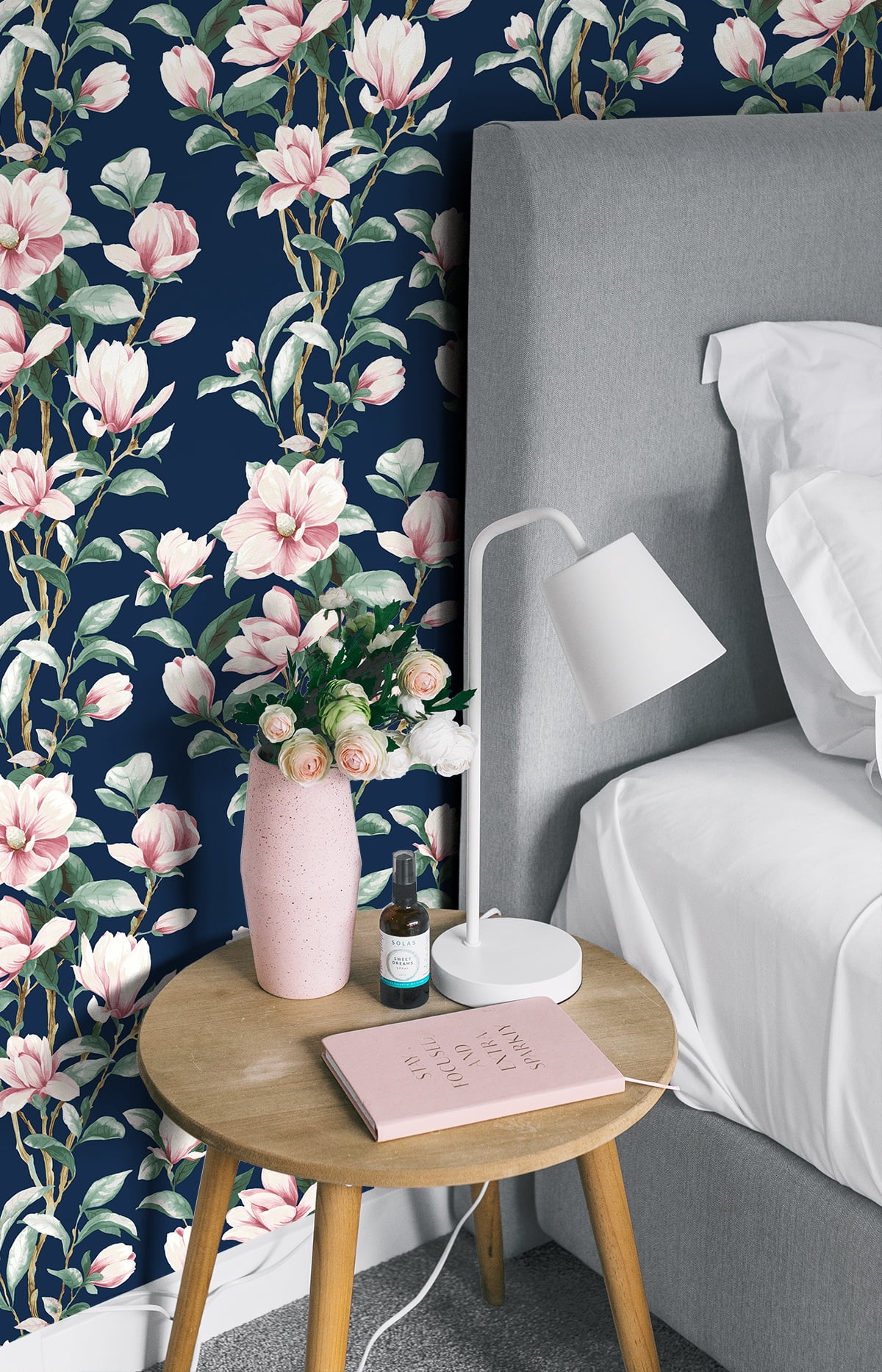 NextWall Navy & Blush Magnolia Trail Peel and Stick Wallpaper