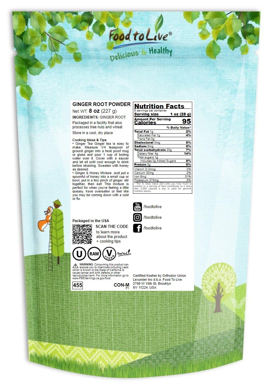 Ginger Root Powder, 0.5 Pounds - Raw, Vegan, Kosher - by Food to Live