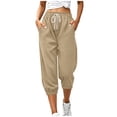 thumbnail image 2 of VBVC Women's Drawstring Waffle Capri Joggers, Summer Stretchy Cropped Pants For Women , Ladies' Running Gym Trousers with Pockets,Khaki,S-2XL, 2 of 8
