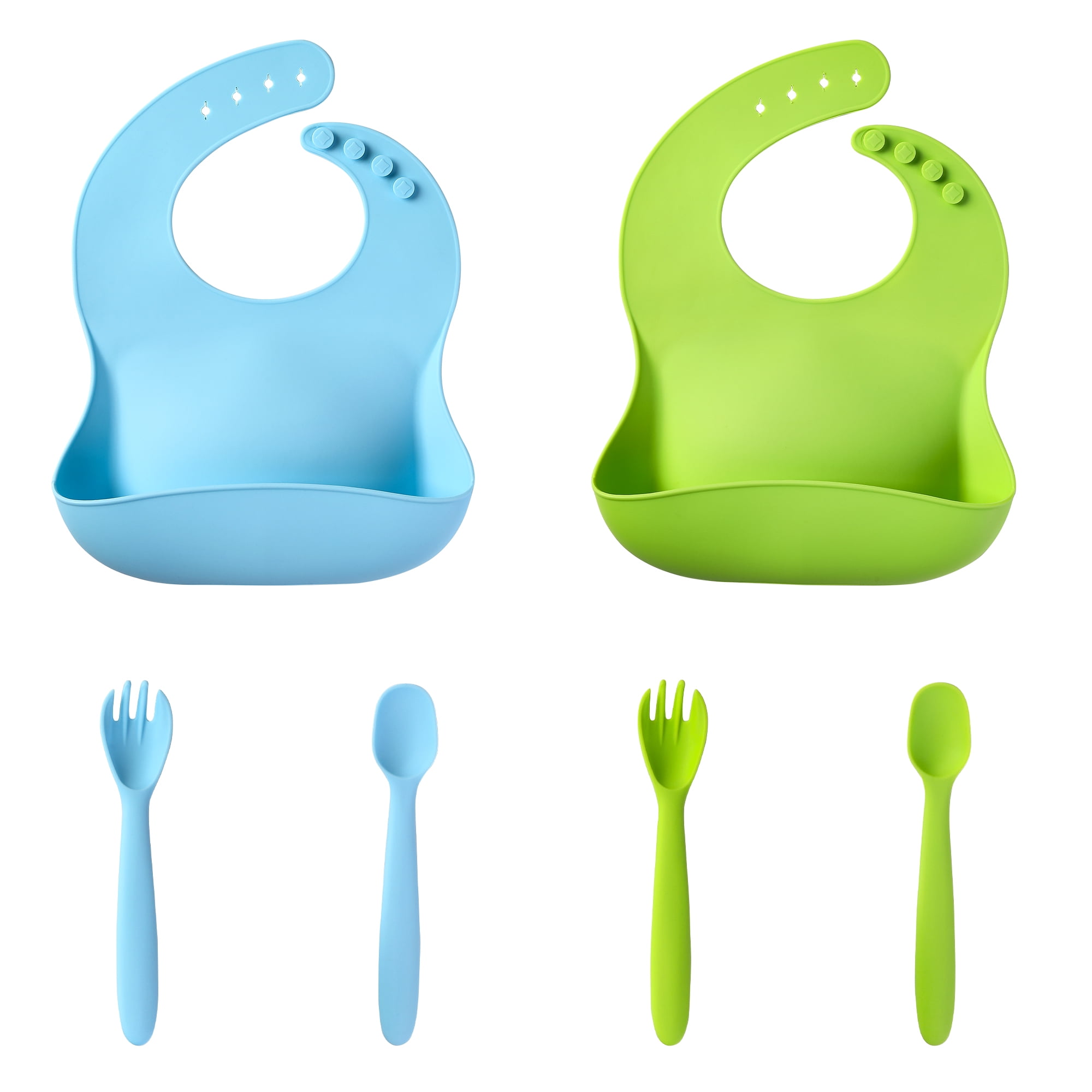 Sangdo Baby Bibs and Spoons Forks Set 2 Pack Adjustable Waterproof