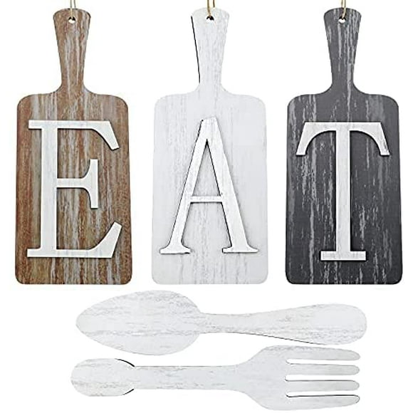 5 Pieces Eat Signs Eat Letter Signs Wood Eat Cutting Board Rustic Wall Hanging Art Kitchen Spoon Fork Wooden Sign Decoration for Kitchen Dining Room Home Farmhouse Decor