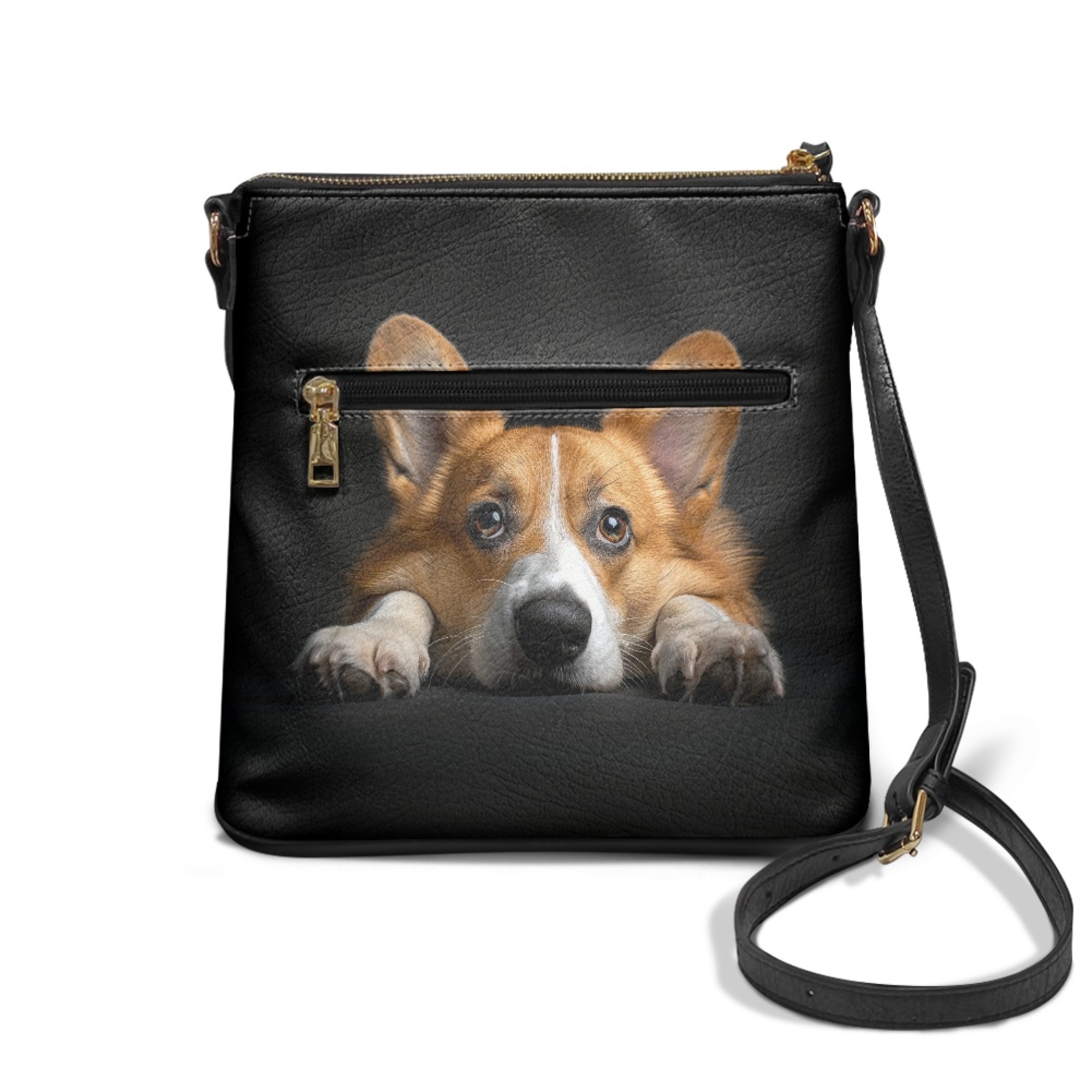 Kuiaobaty Corgi Print Leather Crossbody Bag for Women, Medium Size Trendy Messenger Handbag with Adjustable Strap, Multi Pockets Portable Satchel Purse Crossbody for Travel & Hiking