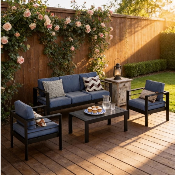 KIOOTTO 5-Piece Outdoor Aluminum Patio Conversation Set with Blue Cushions and WPC Table