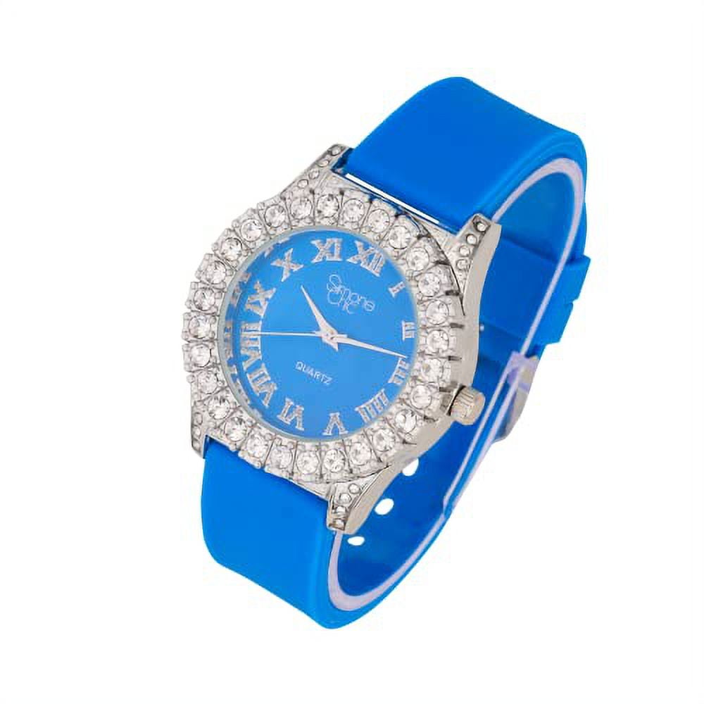 Simone Chic. Women's Big Rocks Fully Iced Bezel Colored Dial w/Easy Reader Roman Numerals Colorful Rubber Band Watch - ST10357LA (2pcSet SLV Bright Blue)