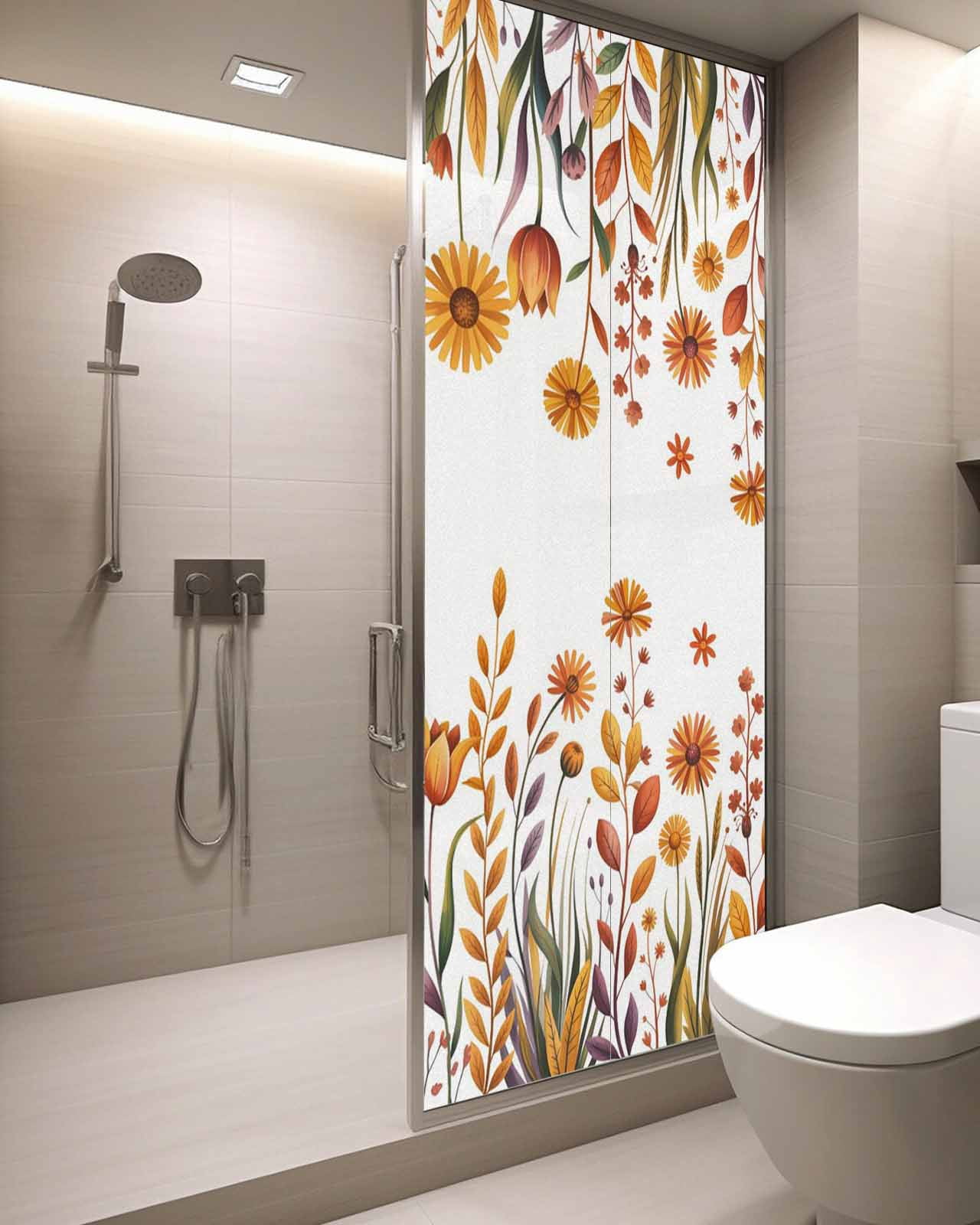 Window Privacy Film Fall Flowers Stained Glass Window Film Decorative Sun Block Window Cover Farmhouse Watercolor Orange Floral Herbs Window Clings Static Adhesive Sticker for Bathroom 29.5"x78.7"