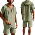 thumbnail image 1 of Conjunto de Pantalones Cortos para Hombre 2 Piezas Outfits Color Sólido Botón Cordón de Lino Camiseta con Capucha Y Pantalones Cortos de Playa, 1 of 9