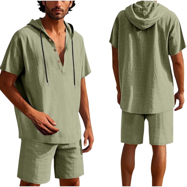 Conjunto de Pantalones Cortos para Hombre 2 Piezas Outfits Color Sólido Botón Cordón de Lino Camiseta con Capucha Y Pantalones Cortos de Playa