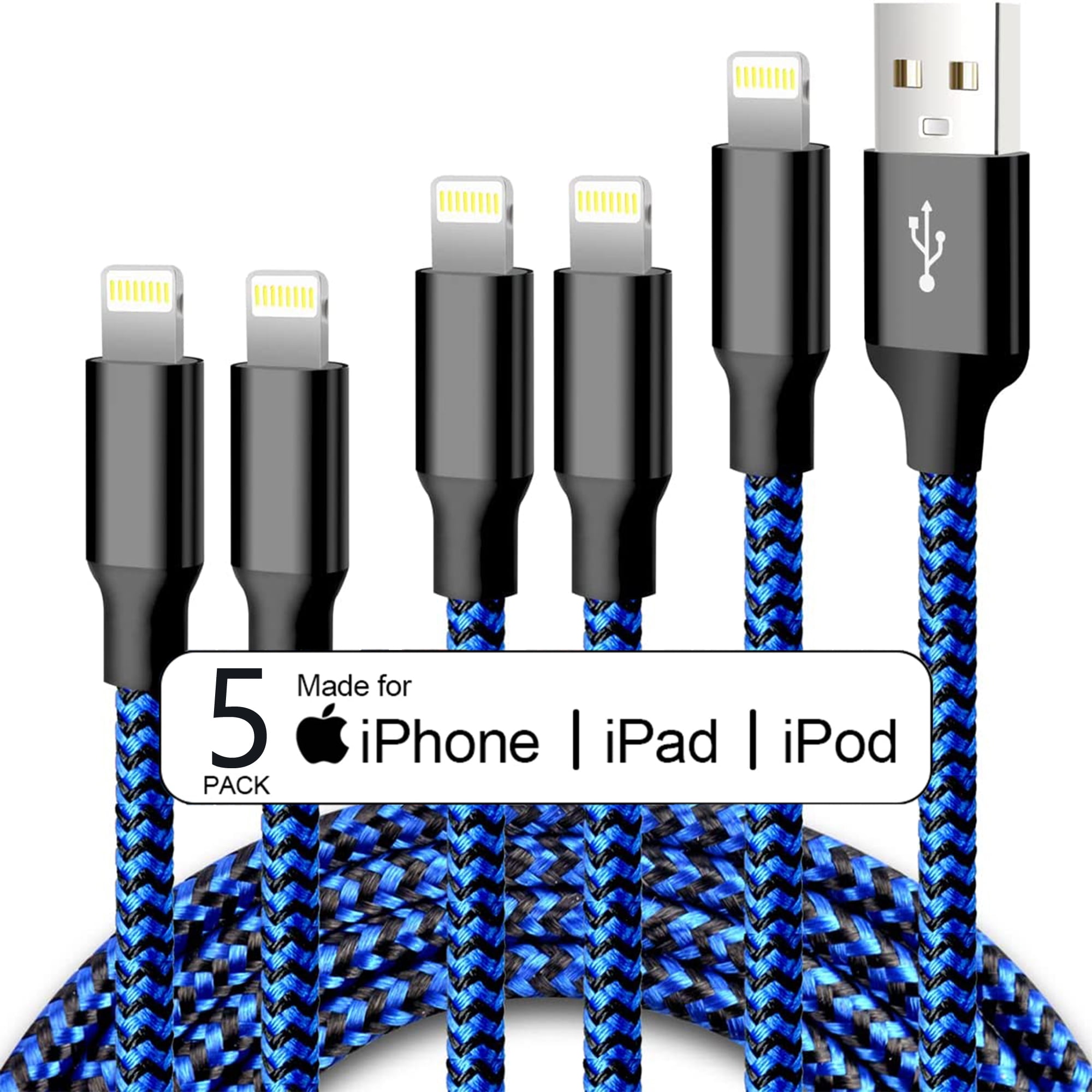 Nylon Braided Fast Charging & Sync Compatible iPhone 11/ Pro/Max/X/XS/XR/XS Max/ 8/ Plus/7/7 Plus/6/6S/6 Plus 3/3/6/6/10ft iPhone Charger MFi Certified Lightning Cable SANYEYE 5Pack 