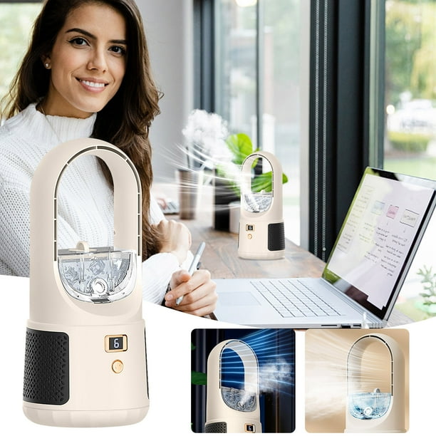 Ventilador de humidificación sin aspas | Ventilador de torre recargable USB de escritorio con funcionamiento silencioso | Depósito de agua de 100 ml | 6 Ajustes de velocidad | Diseño seguro para