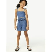 Free Assembly Girls' Denim Cropped Tank and Paperbag Shorts Set, 2-Piece, Sizes 4-18
