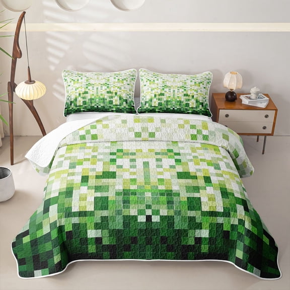 Erosebridal Green Square Twin Quilt Set for Boys, Pixelate Miner Twin Coverlet Set, 2-Piece