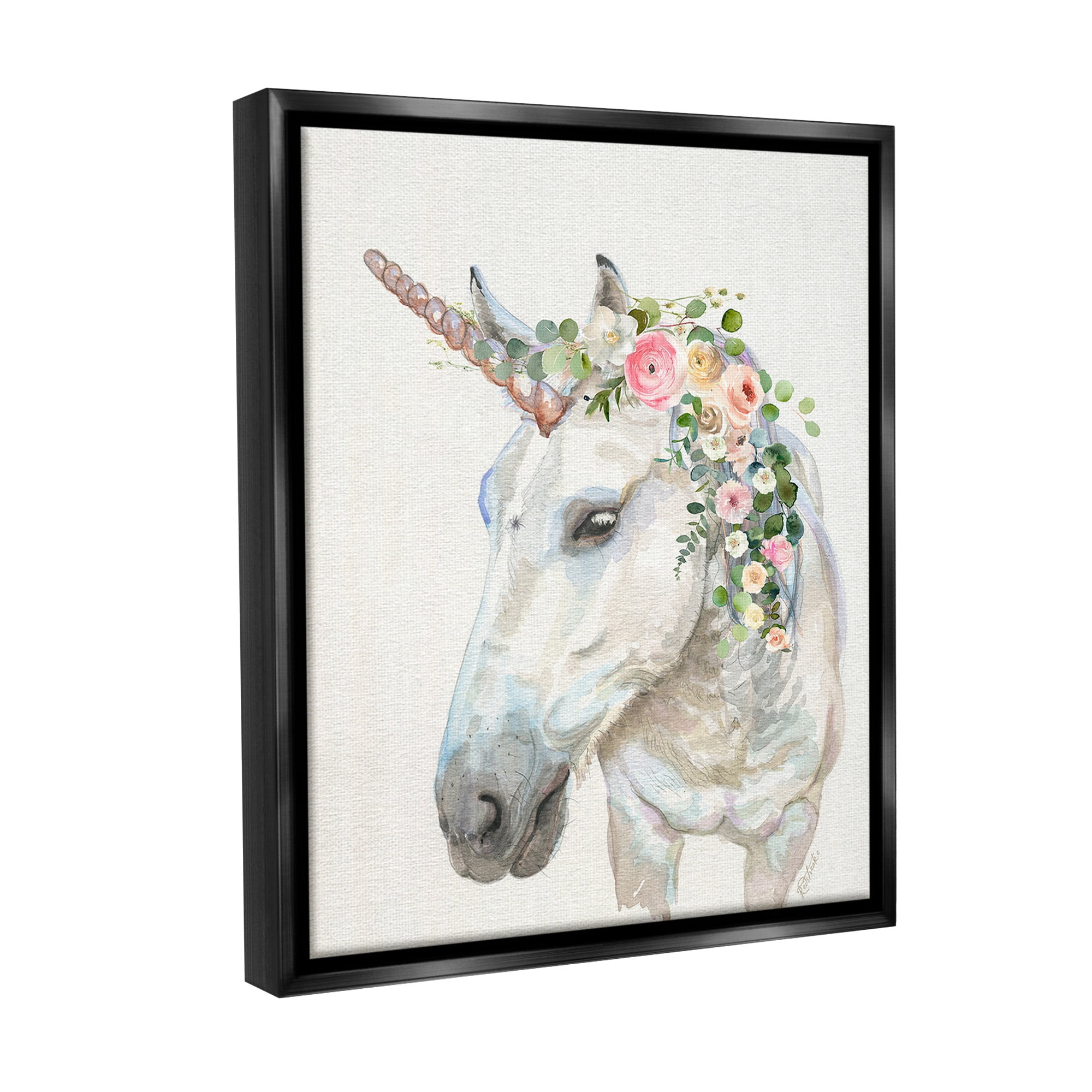 Stupell Industries Unicorn & Flower Garland Fairy Tales & Fantasy Painting Black Floater Framed Canvas Art Print Wall Art, 17 x 21