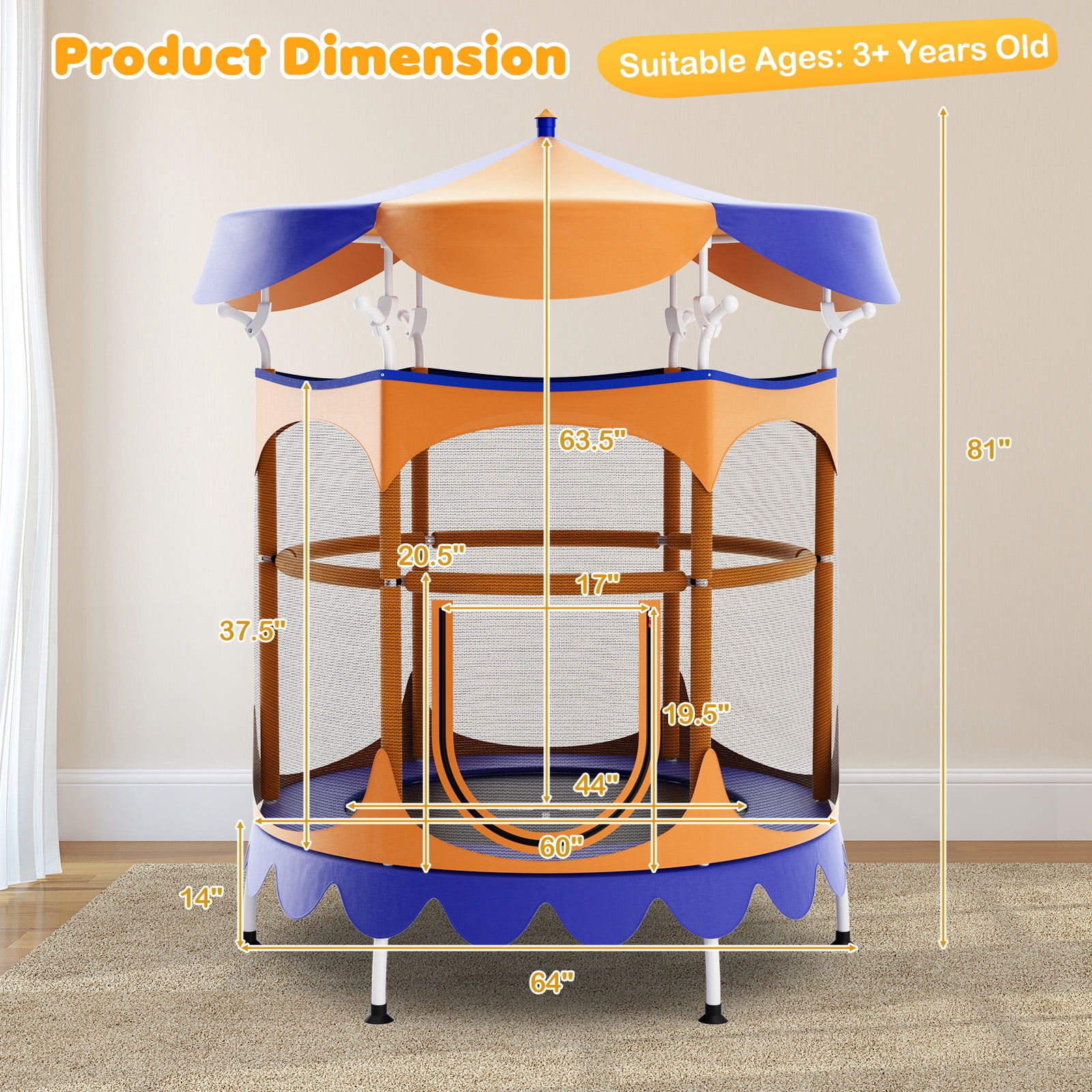 Infans 64" Kids Trampoline w/ Detachable Canopy Safety Enclosure Net Foam Handle Orange