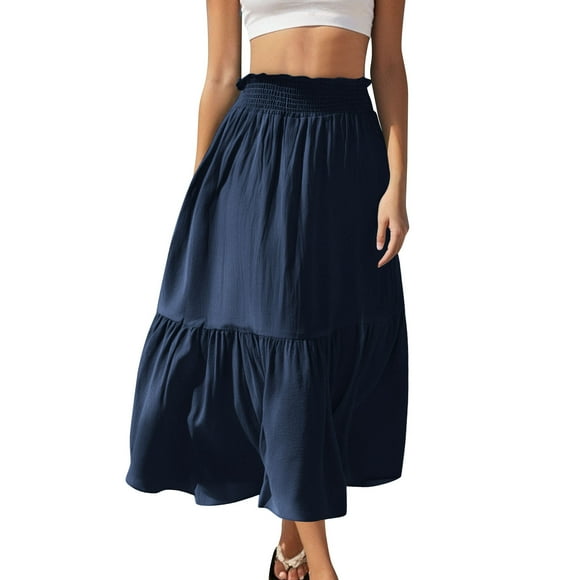 Bocqde Flowy Maxi Skirts for Women Plus Szie Fashion Solid Casual A-Line Ruffle Swing Long Skirt Summer Comfy Loose Elastic High Waist Tiered Skirt