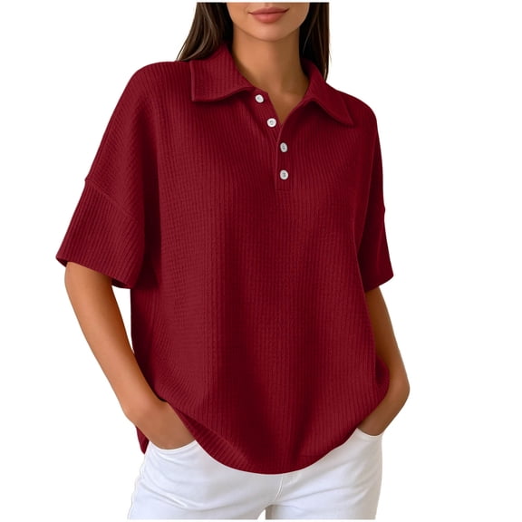 Yyuenw Women Lapel Collar Half Button Waffle Knit Drop Shoulder Short Sleeve Polo Solid Color Top for Casual Daily