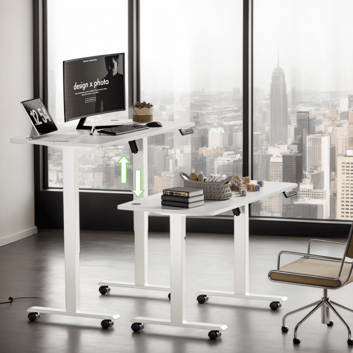 Legooin Electric Stand-up Desk Mobile Worstation Standing Desk Computer Table with Headphone Hook Cable Management, for Home Office, White