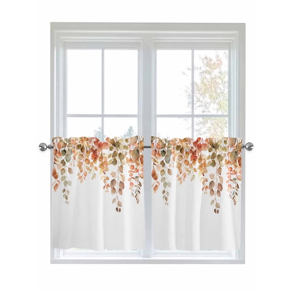 Half Window Curtain 36 Inches Long, Orange Botanical Window Treatment Curtain Drapes, Watercolor Leaf Fall Thanksgiving Small Tier Curtains for Bathroom Over Sink, 27.5"x36", 2 Panels