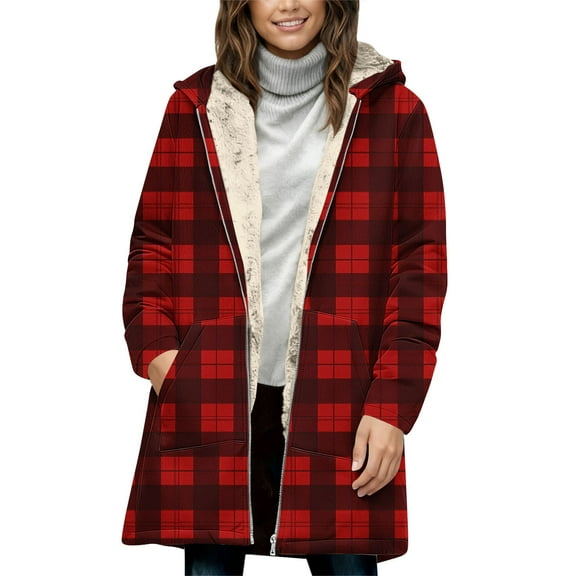 DAFPZW Women's Long Plaid Coat Faux Fur Lining Winter Hooded Trench Coat Checkered Jacket Warm Overcoat with Pocket