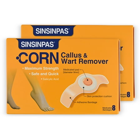 Sinsinpas Corn Callus & Wart Remover, Maximum Strength, 2 Pack (16 Patches Total)