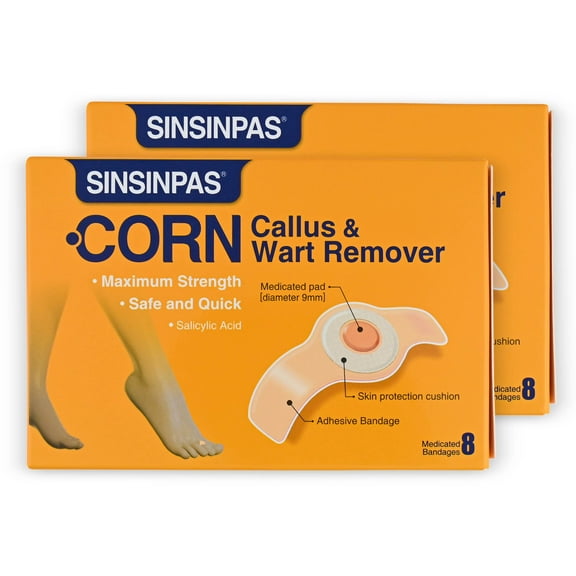 Sinsinpas Corn Callus & Wart Remover, Maximum Strength, 2 Pack (16 Patches Total)