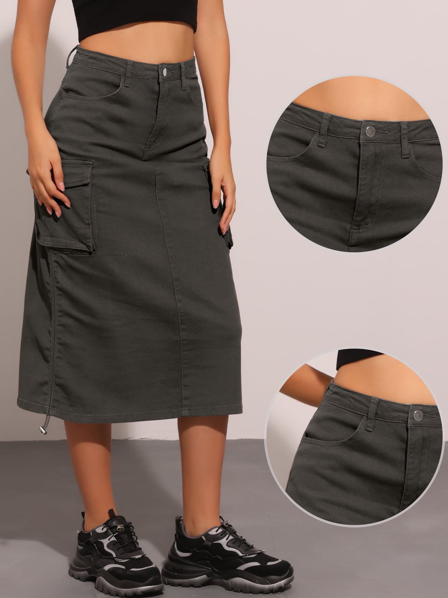 DARING DIVA Women's Y2K Adjustable Casual A-Line Midi Jean Skirt Small Denim Black