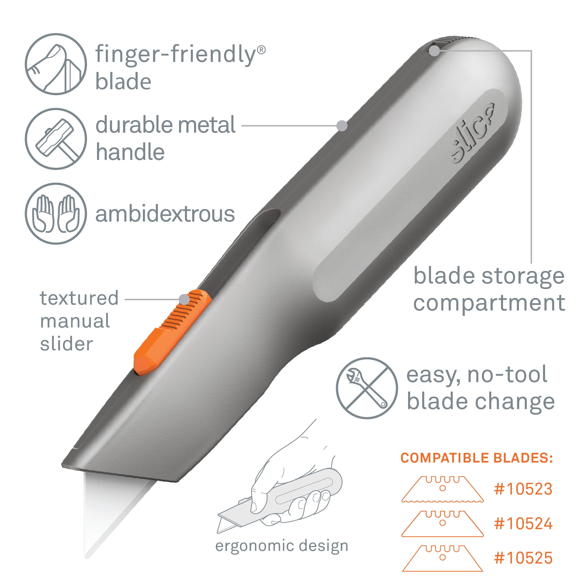 Slice 10490 Utility Knife | Finger Friendly Ceramic, 3 Cutting Depths, Heavy Metal Handle | Comfortable Grip, Blade Garage, Ambidextrous