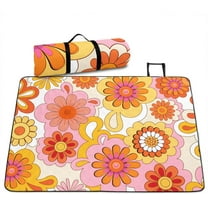 1960S 1970S Groovy Flower Picnic Blankets 60x80, Hippie Funky Flower Picnic Beach Blanket for Camping Hiking Travel Park, Red Yellow Vintage Floral Picnic Mat, Bohemia Cartoon Picnic Outdoor Blanket