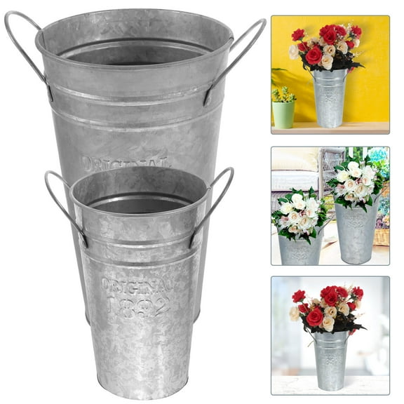 FRCOLOR  2 Pcs Iron Flower Barrel Tin Vase Galvanized Bucket Plant Pots Indoor Large