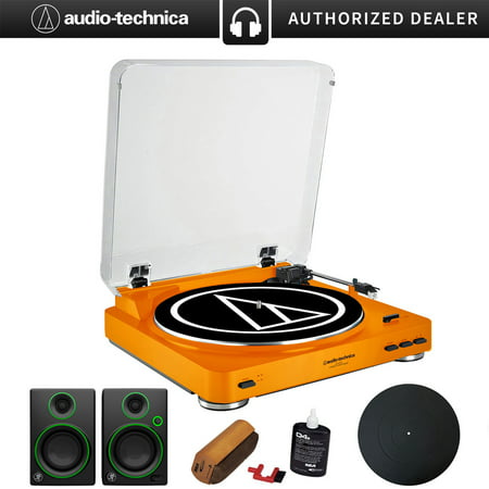Audio-Technica Fully Automatic Stereo Turntable System Orange (AT-LP60OR) + Silicone Rubber Turntable Platter Mat, Vinyl Record Cleaning Fluid System & 3