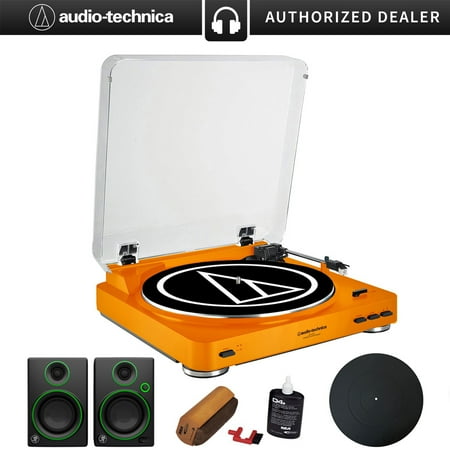 M/t Fluid - Audio-Technica Fully Automatic Stereo Turntable System Orange (AT-LP60OR) + Silicone Rubber Turntable Platter Mat, Vinyl Record Cleaning Fluid System & 3
