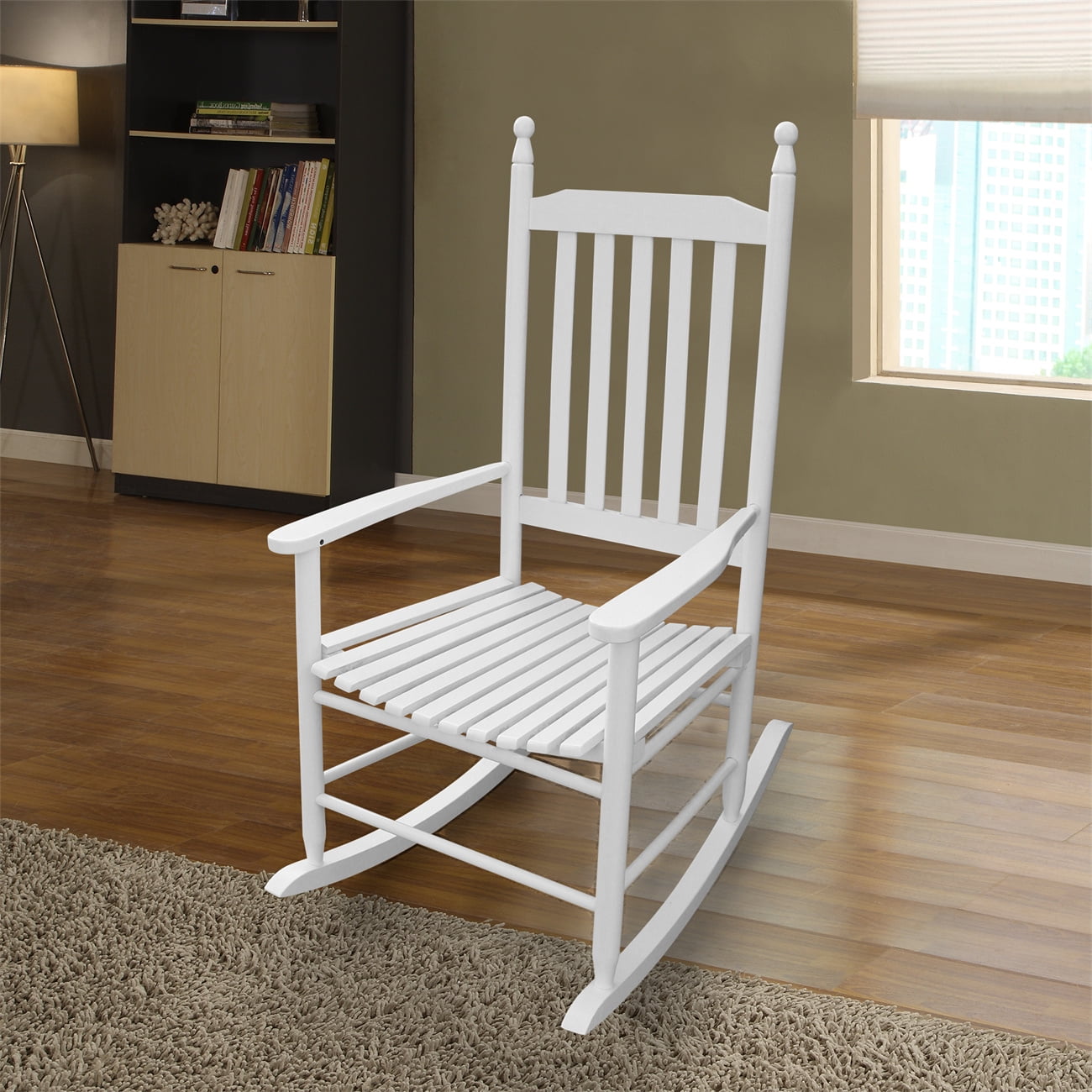 Outdoor Porch Rocker Chair, Wooden Rocking Chair with Slatted Backrest and Armrest, Classic High