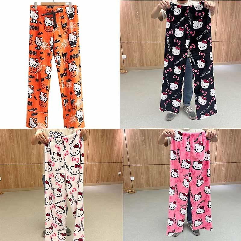 Ekiwen Halloween Sanrio Hello Kitty Pajama Pants Women s Trendy Autumn Winter Nightwear Flannel Sleepwear Kawaii Casual Plush Trousers