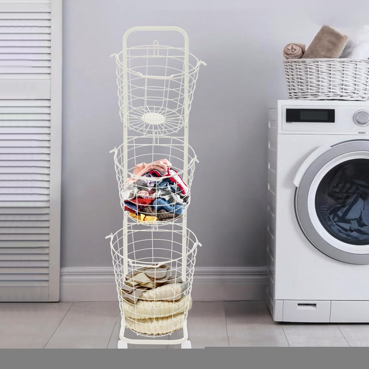 Miumaeov 3 Tier Laundry Hamper, Metal Standing Laundry Baskets, Removable Sorter Storage Trolley Shelf Basket with 4 Universal Wheels