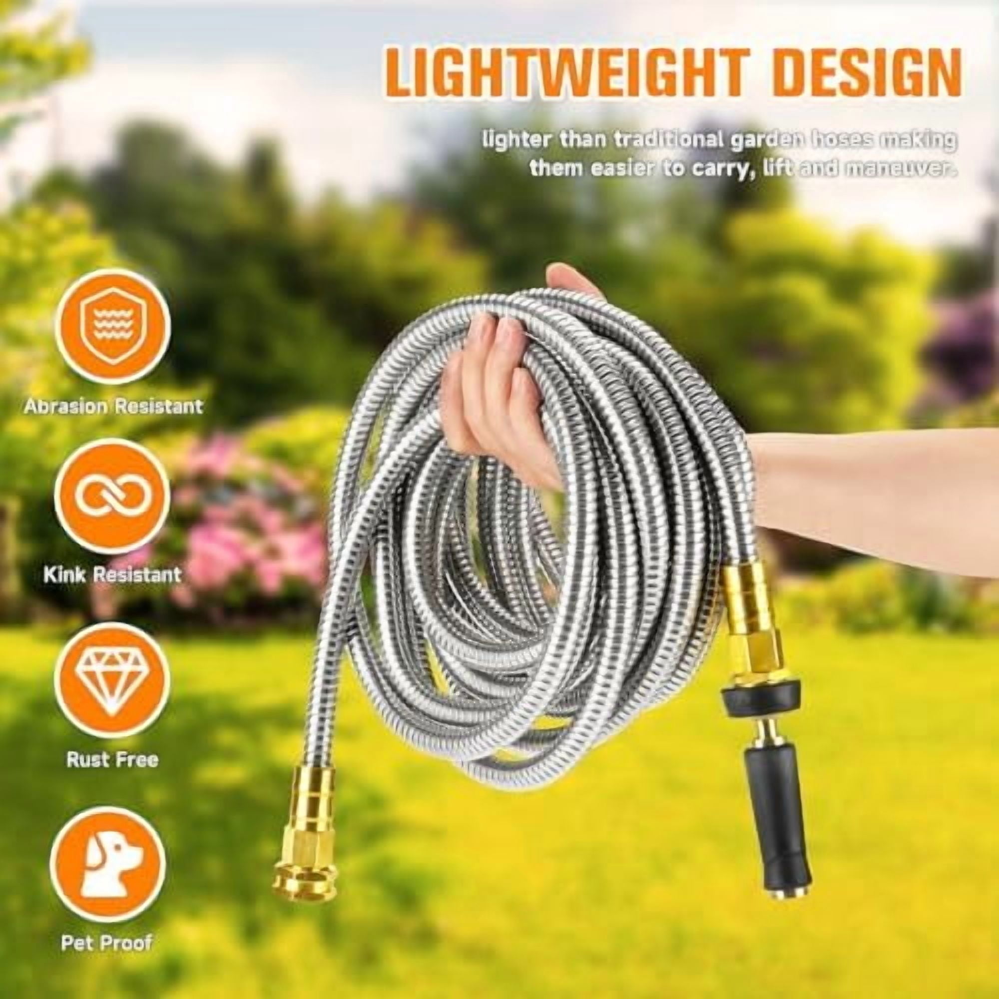 Expandable Metal Garden Hose 50 FT - 304 Stainless Steel Water Hose 50 FT - Lightweight non Kinking Flexible Garden Hose, no Bite