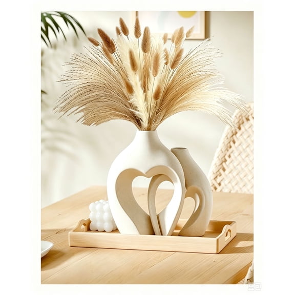 White Ceramic Heart Shaped Vase Set of 2, Boho Minimalist Decorative Tabletop Vases for Coffee Table Centerpiece, Living Room, Dining Room, Wedding, Office, Home Decor