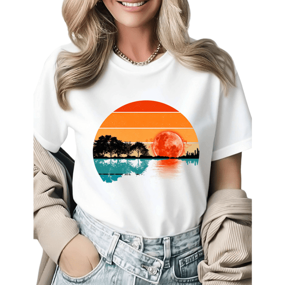 Retro Sunset Blood Moon Tree Silhouette Graphic Tees Womans Tshirt Shirts Black White S-5XL Tops