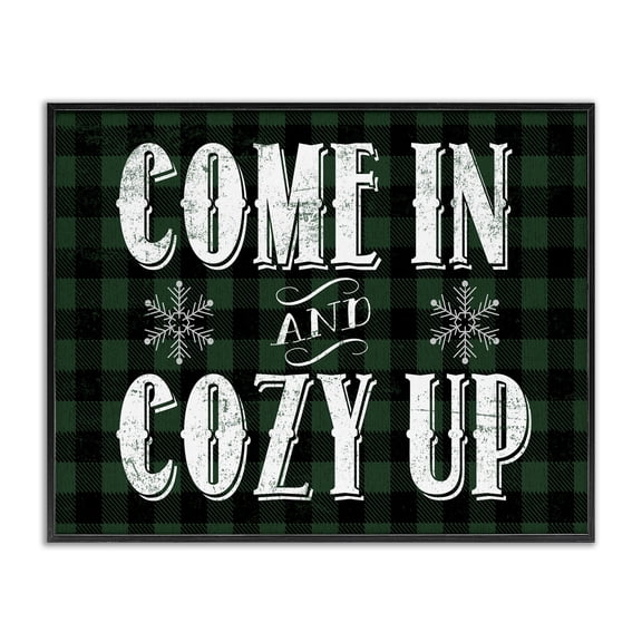 Stupell Industries Farmhouse Come In Cozy Up Phrase Snowflakes Green Plaid Black Framed Giclee Art, 14 x 11, by Lil' Rue