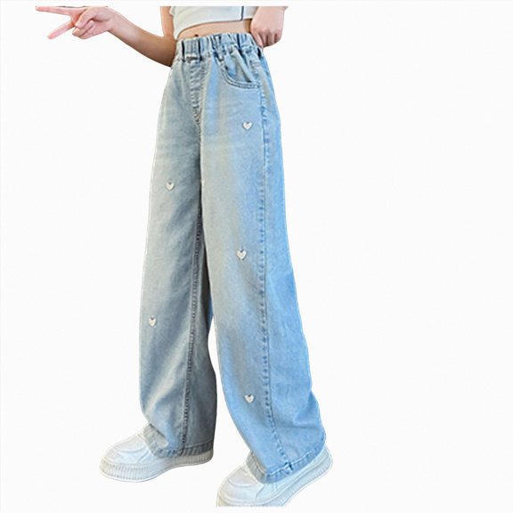 Kakishop Kids Girls' Elastic Waist Denim Pants Baggy Wide Leg Jeans Back to School Pants Age 5-14, 10-11 Years
