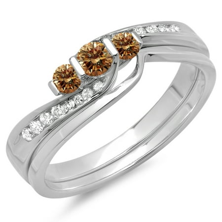 Dazzlingrock Collection 0.45 Carat (ctw) 14K Champagne & White Diamond 3 Stone Engagement Ring Set 1/2 CT, White Gold, Size 7