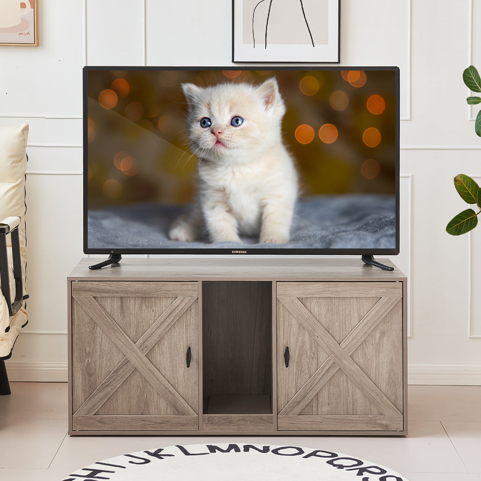 JanflyHome Hidden Cat Litter Box Enclosure, 42.5" Litter Box Furniture with Removable Cat Scratching Board Indoor for Living Room, Farmhouse Greige