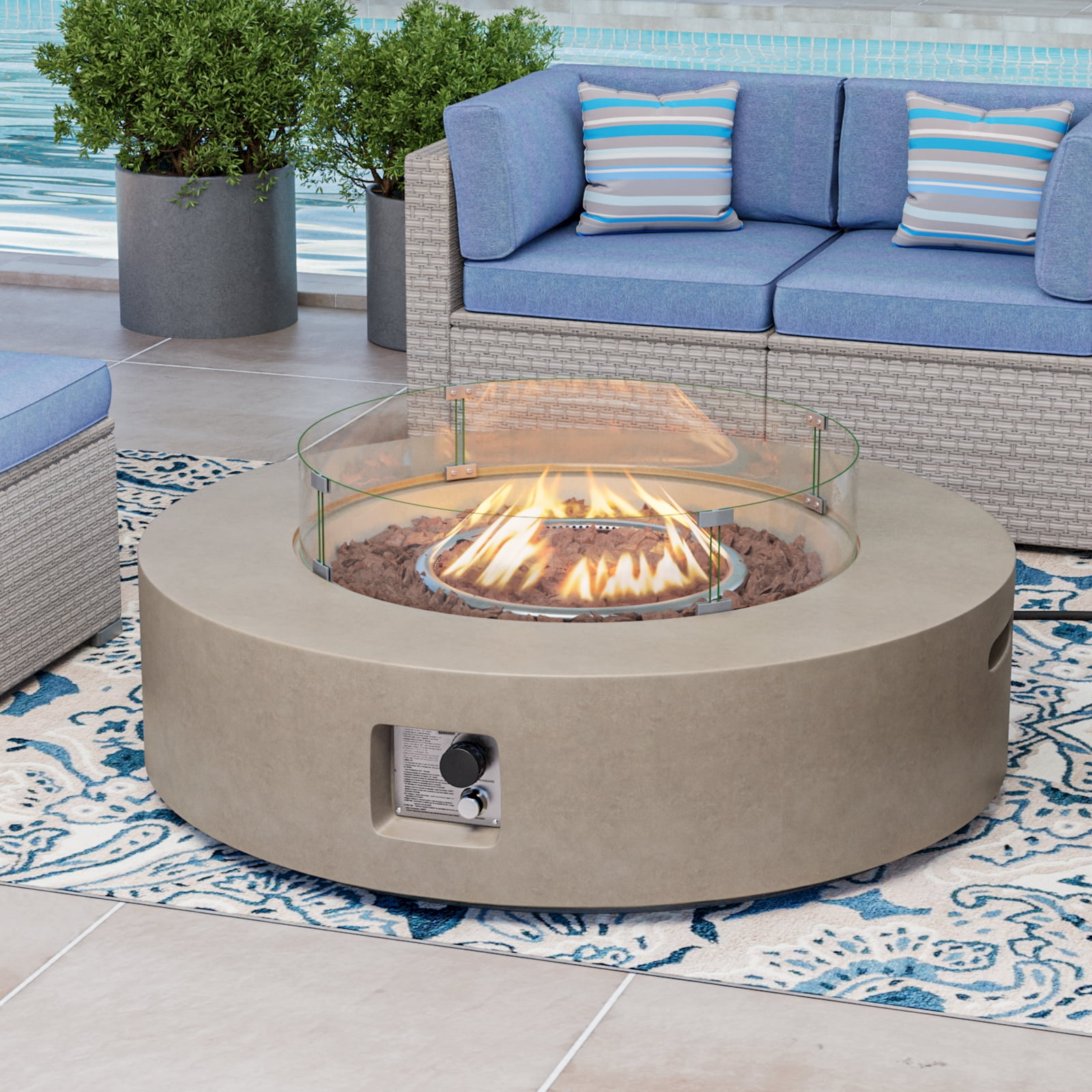 VENTOPYR Outdoor 40.5 inch Round Grey Propane Fire Pit Coffee Table w Wind Guard (Tank Outside)
