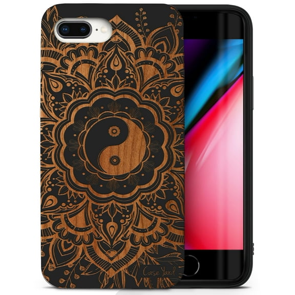 Case Yard Wooden Case for iPhone-8-Plus Soft TPU Silicone cover Slim Fit Shockproof Wood Protective Phone Cover for Girls Boys Men and Women Supports Wireless Charging Tao Mandala Design