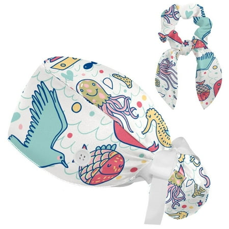 

Working Cap with Buttons and Sweatband Scrub Hat Bouffant Caps with Scrunchie Marine Biology Tie Back Hats