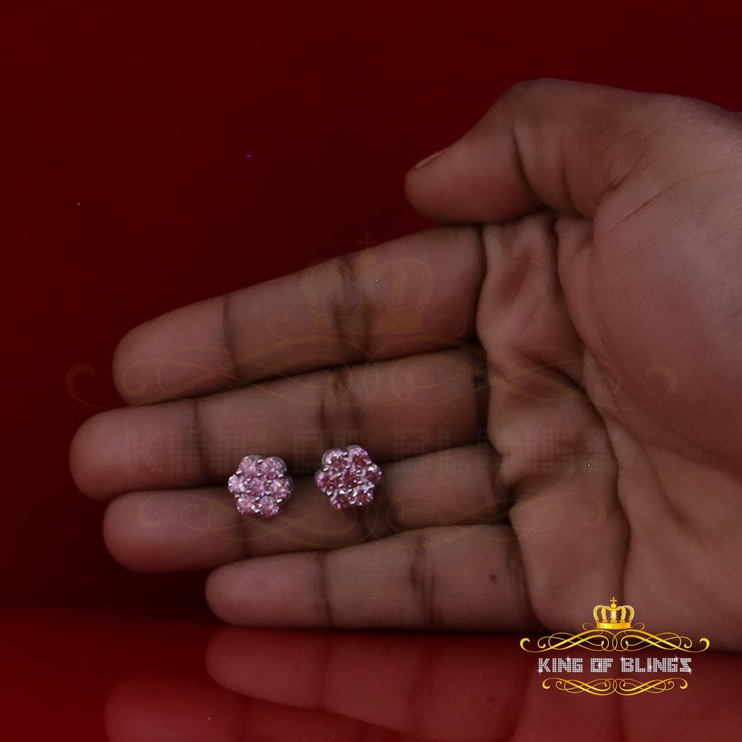 King of Bling's 925 Silver White 2.25ct VVS D Pink Moissanite Floral Men's/Women's Stud Earrings